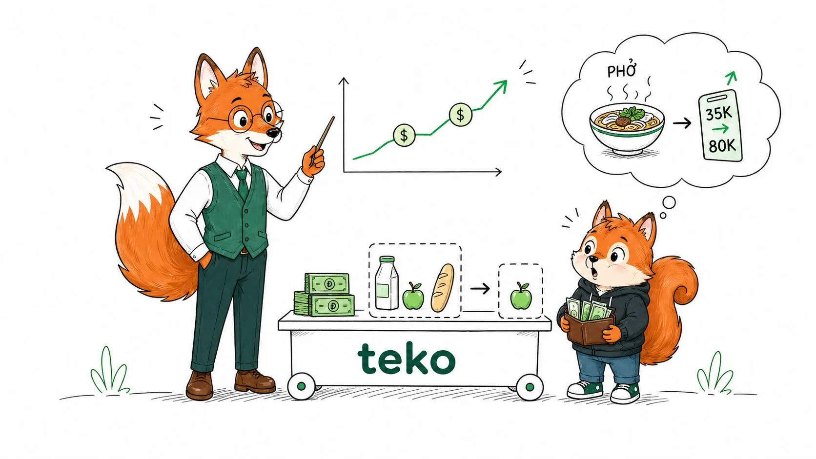 Cáo Fin và Sóc Shin của Teko minh họa khái niệm lạm phát qua biểu đồ giá tăng, ví dụ giá phở tăng từ 35K lên 80K và sức mua giảm.