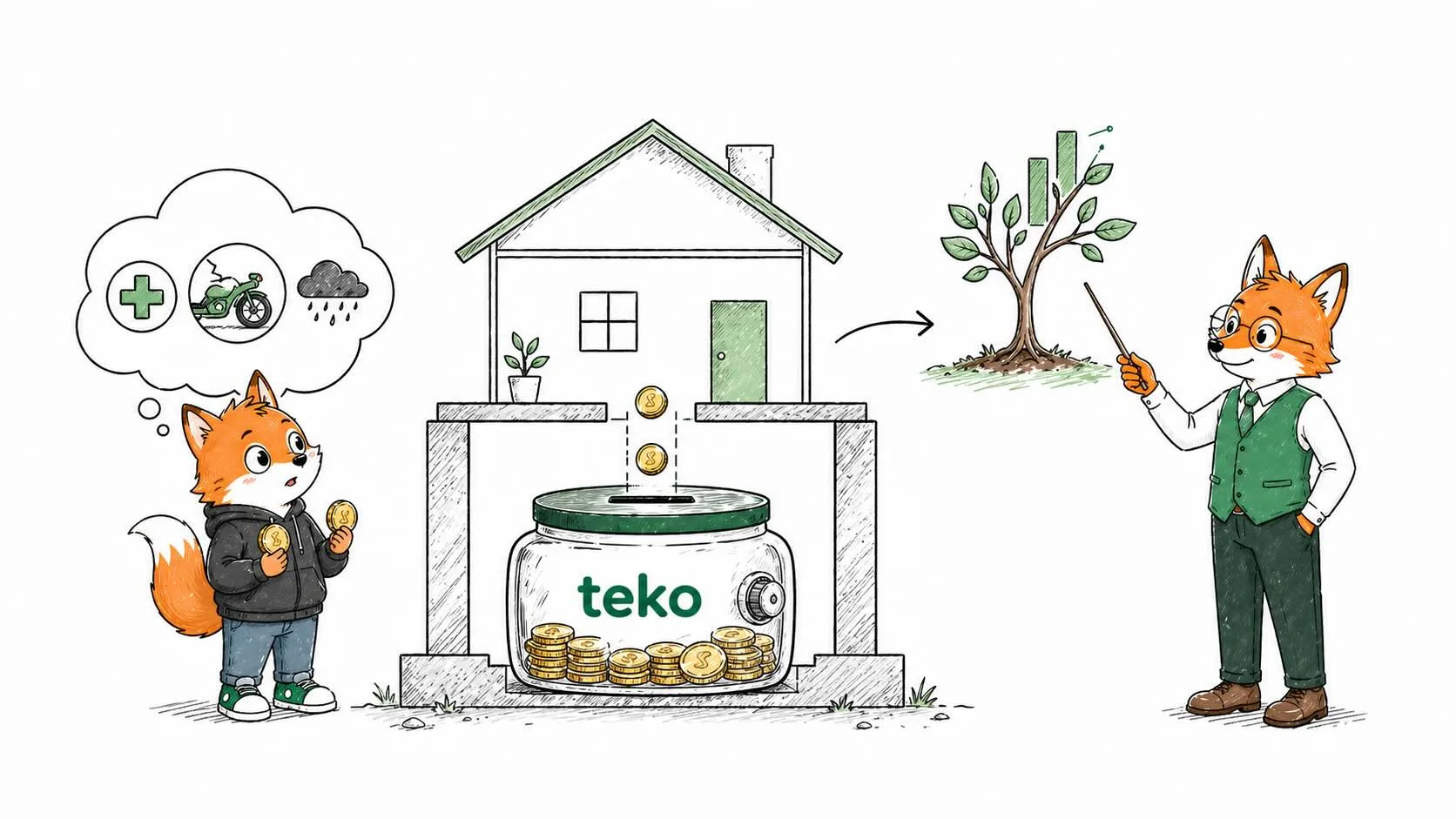 Quỹ khẩn cấp là gì? Shin và Fin giải thích nó như nền móng tài chính: hũ tiền teko đặt dưới ngôi nhà, các rủi ro bất ngờ và cây đầu tư tăng trưởng phía sau.